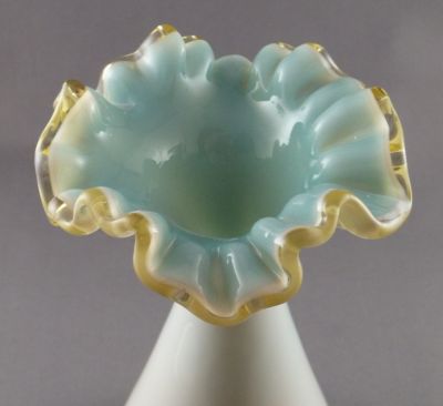 Opal glass vase, blue inner
Crimped and frilled rim
Keywords: blown;vase;sold