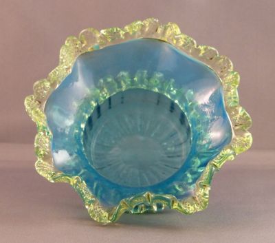 Opalescent blue and uranium preserve dish
Polished pontil mark. British
Keywords: blown;british;table