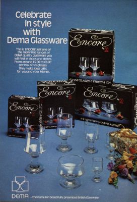 Dema Encore advert March 1978
Made in Derby by Dema Glass, a Crown House subsidiary (1977)
Keywords: barware;british;blown