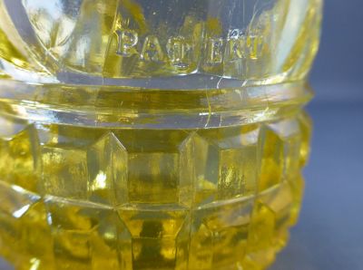 Molineaux Webb creamer/milk jug B
Marked PATENT under spout. Patent dates to 1863 (thanks Neilh)
Keywords: british;pressed;table;mark