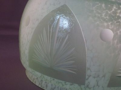 Lampshade cut and etched uranium
Raised "crackle" effect in windows and band. Acid etched?
Keywords: blown;light;cut