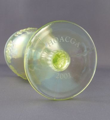 Fenton Orange Tree wine glass
Commemorative piece for the Heart of America Carnival Glass Association, 2001
Keywords: american;barware;uranium;mark;carnival