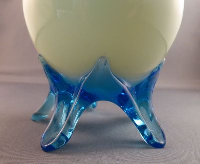 Custard glass vase, blue feet
Bohemian
Keywords: blown;vase;sold;czech