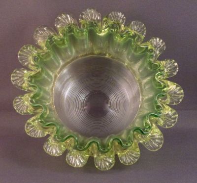 Richardson threaded preserve dish
Crimped rim, polished pontil mark
Keywords: british;blown;table
