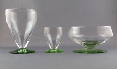 Optic rib green uranium foot sherry and shot glasses, and dessert dish
Keywords: blown;barware;table