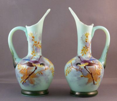 Bohemian enamelled jugs
True pair. Naive enamelling. Some loss of gilding
Keywords: blown;czech;enamelgilt;sold