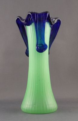 Kralik ribbed vase with applied top
Quite crudely made. c1929
Keywords: czech;blown;vase