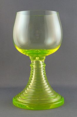 Römer, large
Blown uranium bowl, moulded stem. Closed foot. German?
Keywords: barware;german;blown