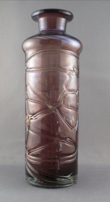 Mdina strapped amethyst bottle
Ground and reheated pontil mark, ground neck, so missing stopper
Keywords: vase;maltese;bottle