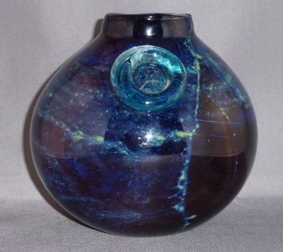 Mdina amethyst necked globe vase with prunt
Front. Blue Maltese cross prunt
Keywords: vase;sold;maltese