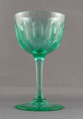 Percival Vickers? blue-green olive-cut wine glass
Large polished pontil mark, fire-polished rim, lead crystal
Keywords: barware;british;blown;cut