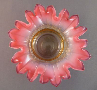 Pink, amber and opal preserve dish
Polished pontil mark
Keywords: british;blown;table