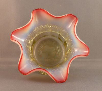 Opalescent pink rim preserve dish
Polished pontil mark
Keywords: british;table;blown