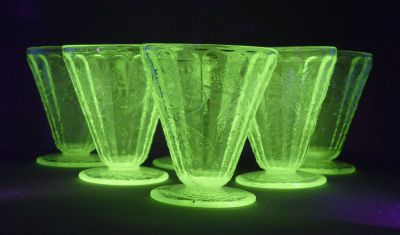 Jeannette Glass Floral footed tumbler
3.5-in, scarce
Keywords: american;barware;pressed;sold