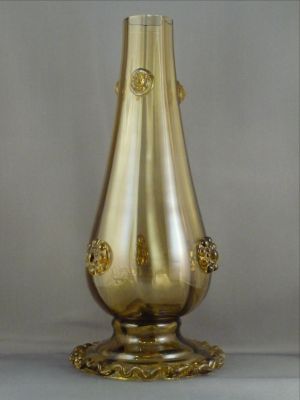 Raspberry prunt domed foot vase
English? 11.5 in. Stylised small prunts and large prunts. Ground and polished rim. Deep optic ribbing
Keywords: vase;british;sold