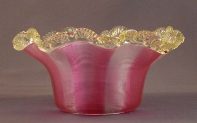 Richardson threaded preserve dish, cranberry stripe
Polioshed pontil mark
Keywords: blown;british;table