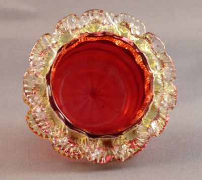 Ruby glass salt with uranium and clear rigaree
Top. 
Keywords: british;blown;table