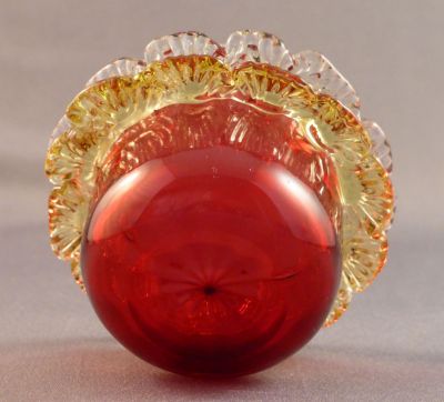 Ruby glass salt with uranium and clear rigaree
Polished pontil mark
Keywords: british;blown;table