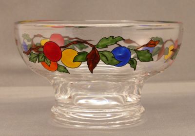 Stuart enamelled dessert bowl
4.5 x 3.5 in. Huge polished pontil mark
Keywords: blown;enamelgilt;table;sold;dessert