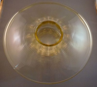 Walsh Walsh amber-uranium-threaded, optic-rib mushroom posy
Large polished pontil mark.
Keywords: british;blown;vase