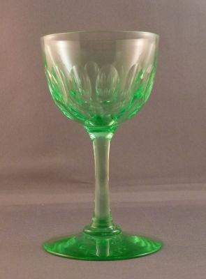 Percival Vickers? green olive-cut wine glass
 Large polished pontil mark, fire-polished rim, lead crystal, wide foot
Keywords: barware;british;blown;cut