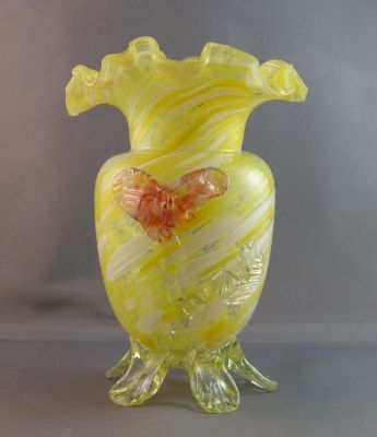 Yellow spatter stripe with flower vase
Uranium leaves and feet
Keywords: blown;czech;vase